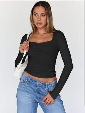Square Neck Long Sleeve Top in Black